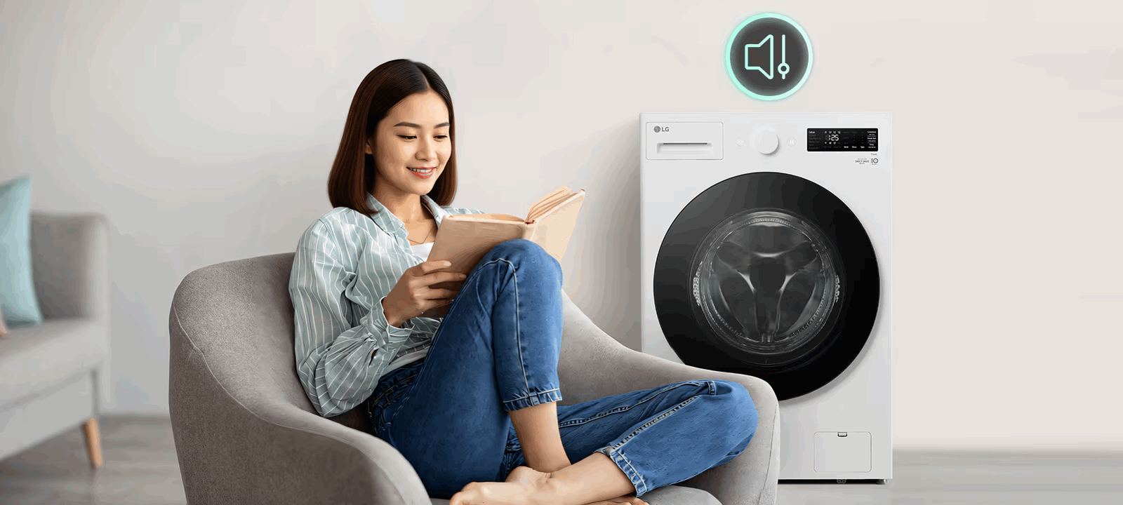 Máy giặt cửa trước LG màu trắng với biểu tượng âm thanh êm ái bên cạnh người phụ nữ đang đọc sách sungula